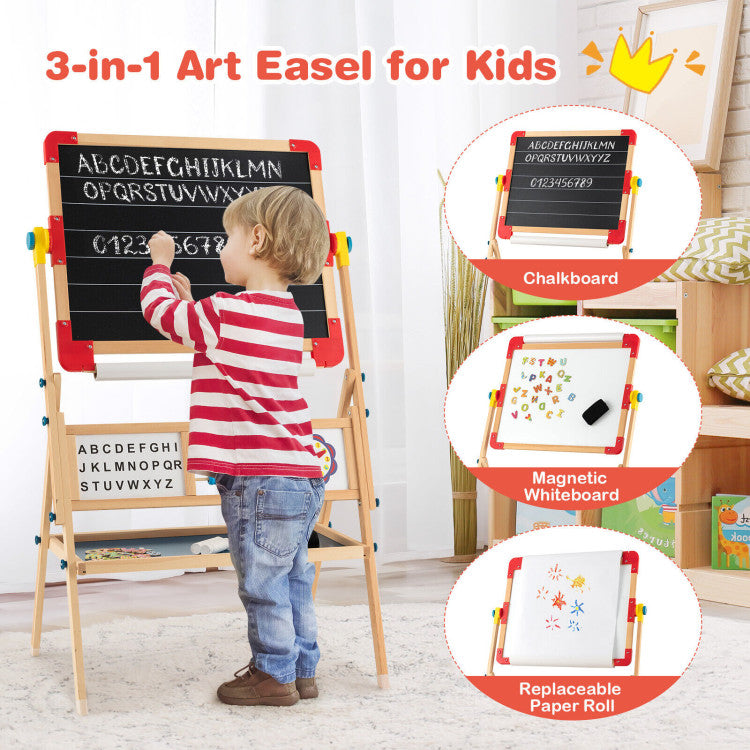 Costway 3-in-1 Kids Wooden Easel - Magnetic & Paper Roll