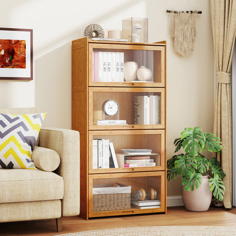 4-Tier Bamboo Bookcase with Doors for Study Room Living Room
