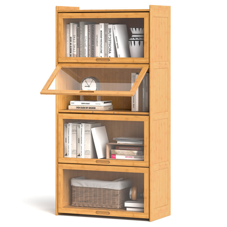 4-Tier Bamboo Bookcase with Doors for Study Room Living Room
