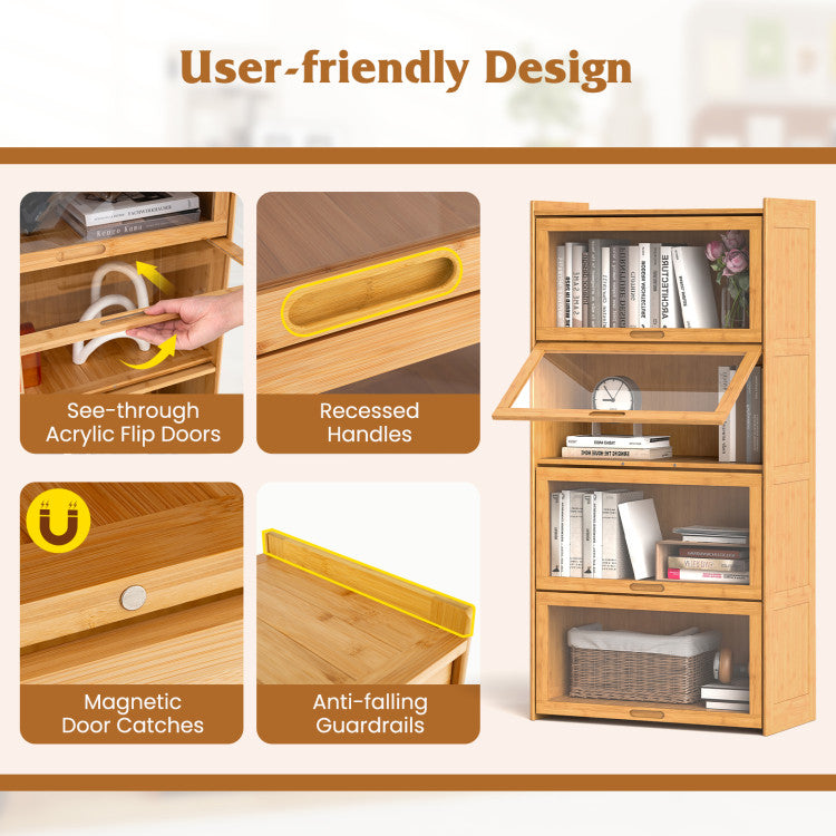 4-Tier Bamboo Bookcase with Doors for Study Room Living Room