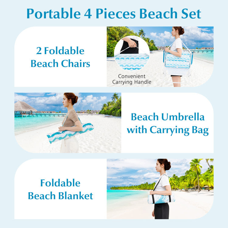 Portable 4-Piece Beach Set with 2 Chairs, Umbrella, and Blanket