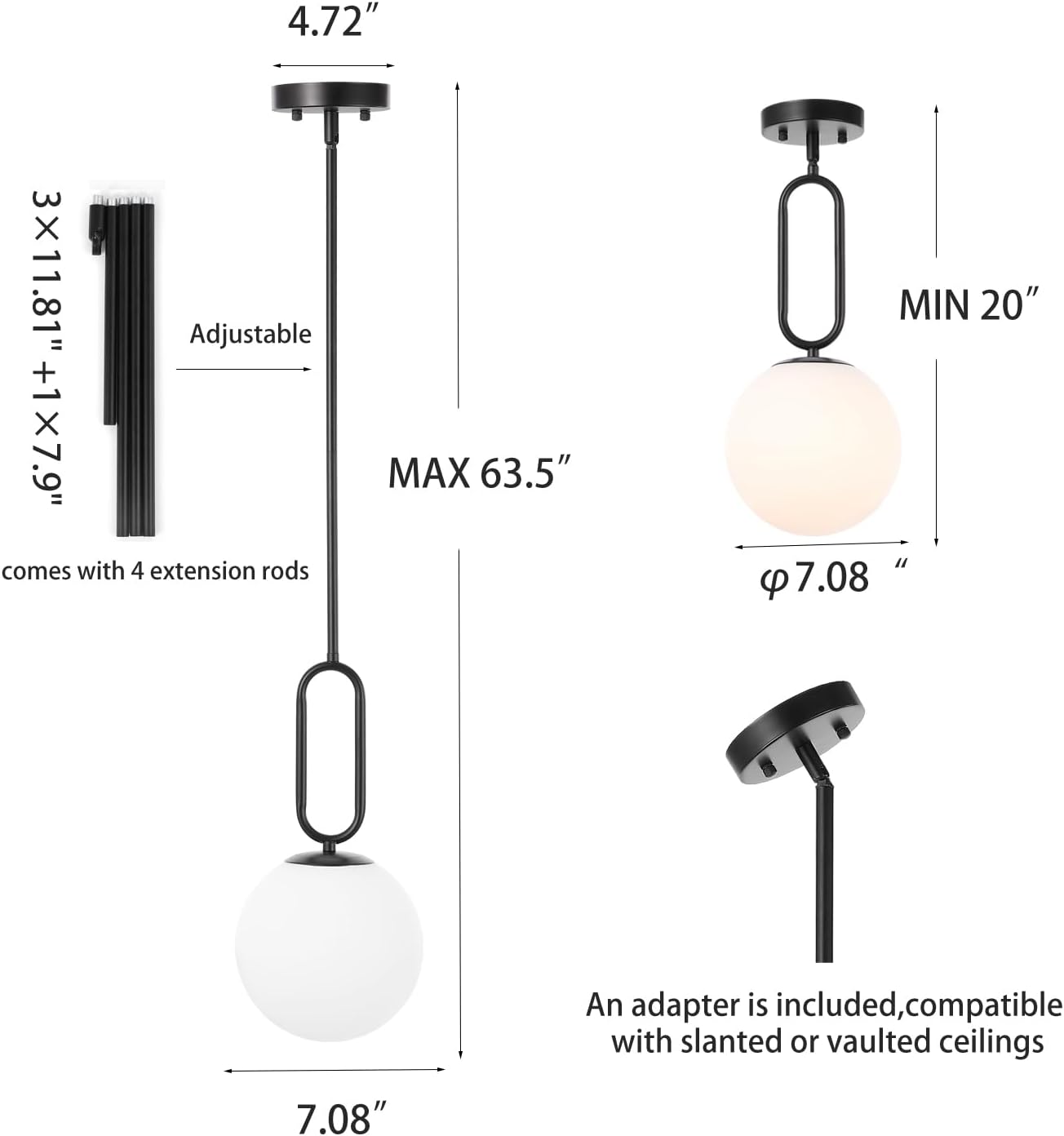 Modern Black Globe Pendant Light Milky White Globe Glass Shade 2 Pack Adjustable Baoden