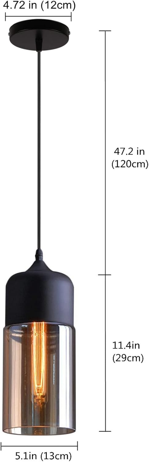 Glass Pendant Light, Black Modern Hanging Lamp with Amber Cylinder Shade NaaNN