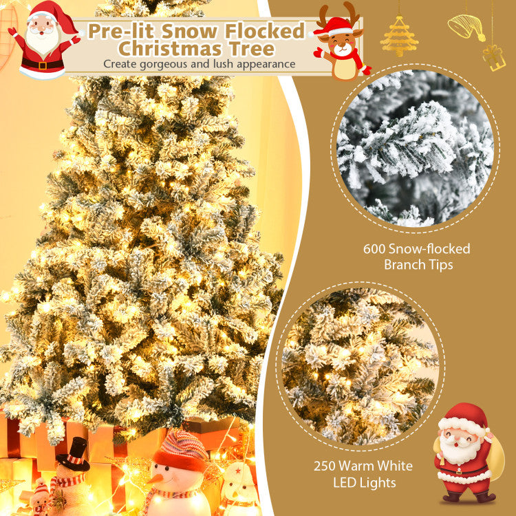 6' Pre-Lit Premium Snow Flocked Hinged Artificial Christmas Tree Costway