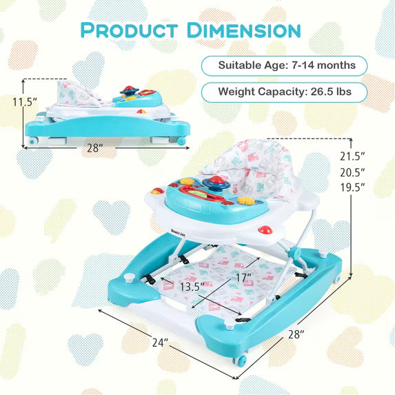 6 in 1 Baby Walker Adjustable Walker & Activity Center with Music 6-14 Months Green