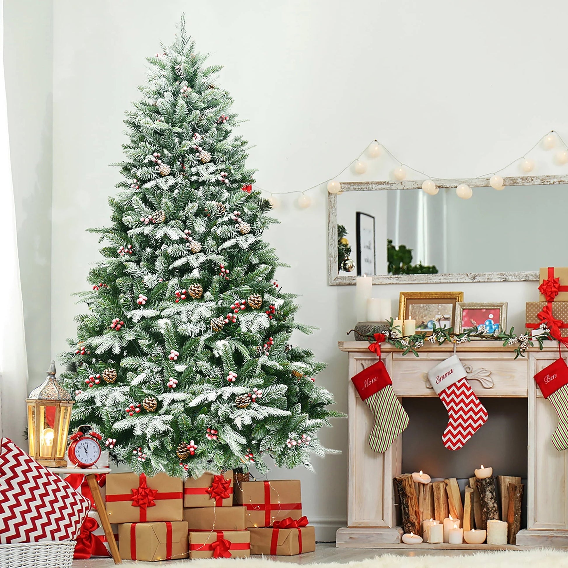 Costway 6.5Ft Pre-lit Snow Flocked Hinged Artificial Christmas Spruce Tree w/ 450 Lights Costway
