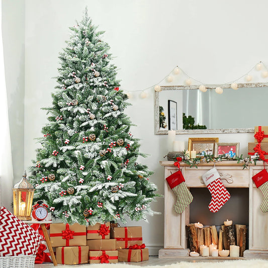 Costway 6.5Ft Pre-lit Snow Flocked Hinged Artificial Christmas Spruce Tree w/ 450 Lights Costway