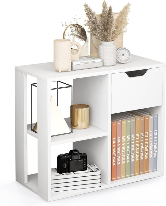 3 Cube Bookcase with Drawer, 2 Tier Bookshelf for Small Space, Modern Freestanding Display Rack