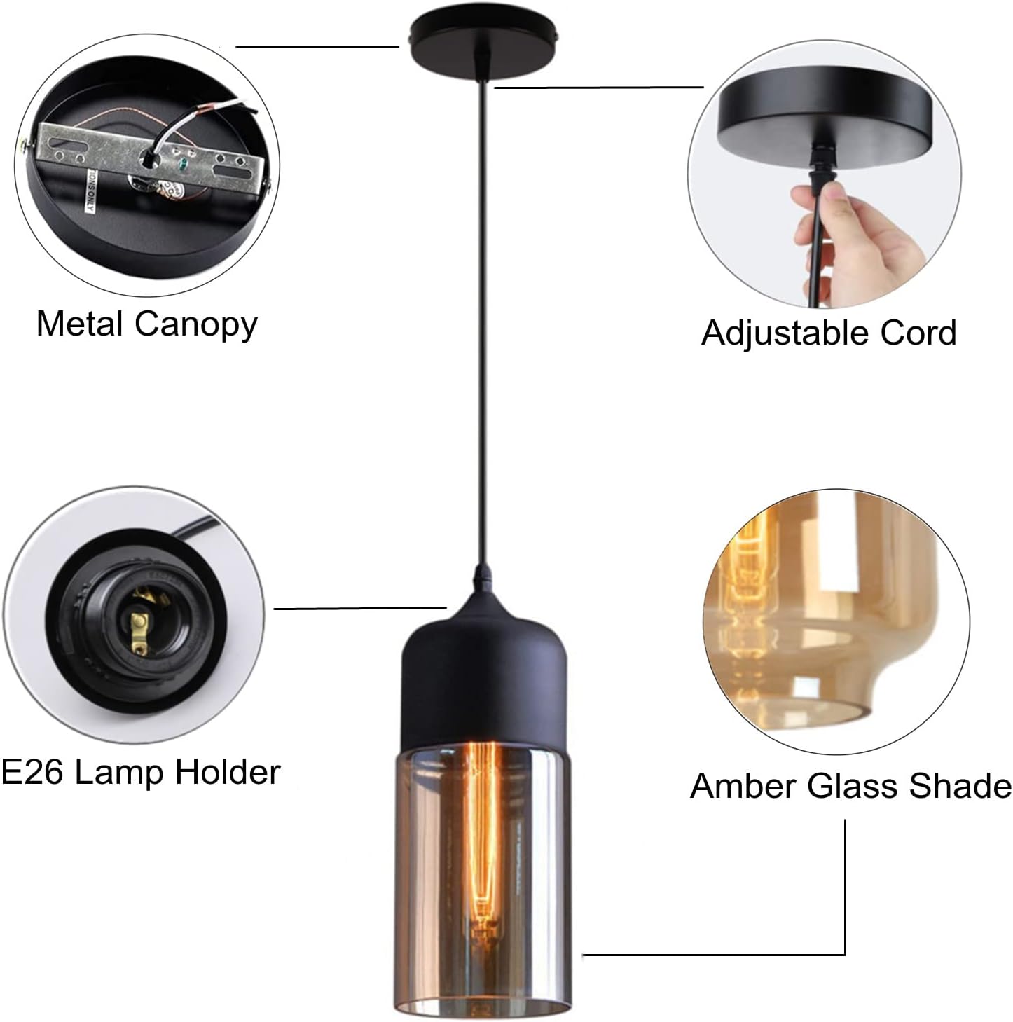 Glass Pendant Light, Black Modern Hanging Lamp with Amber Cylinder Shade NaaNN