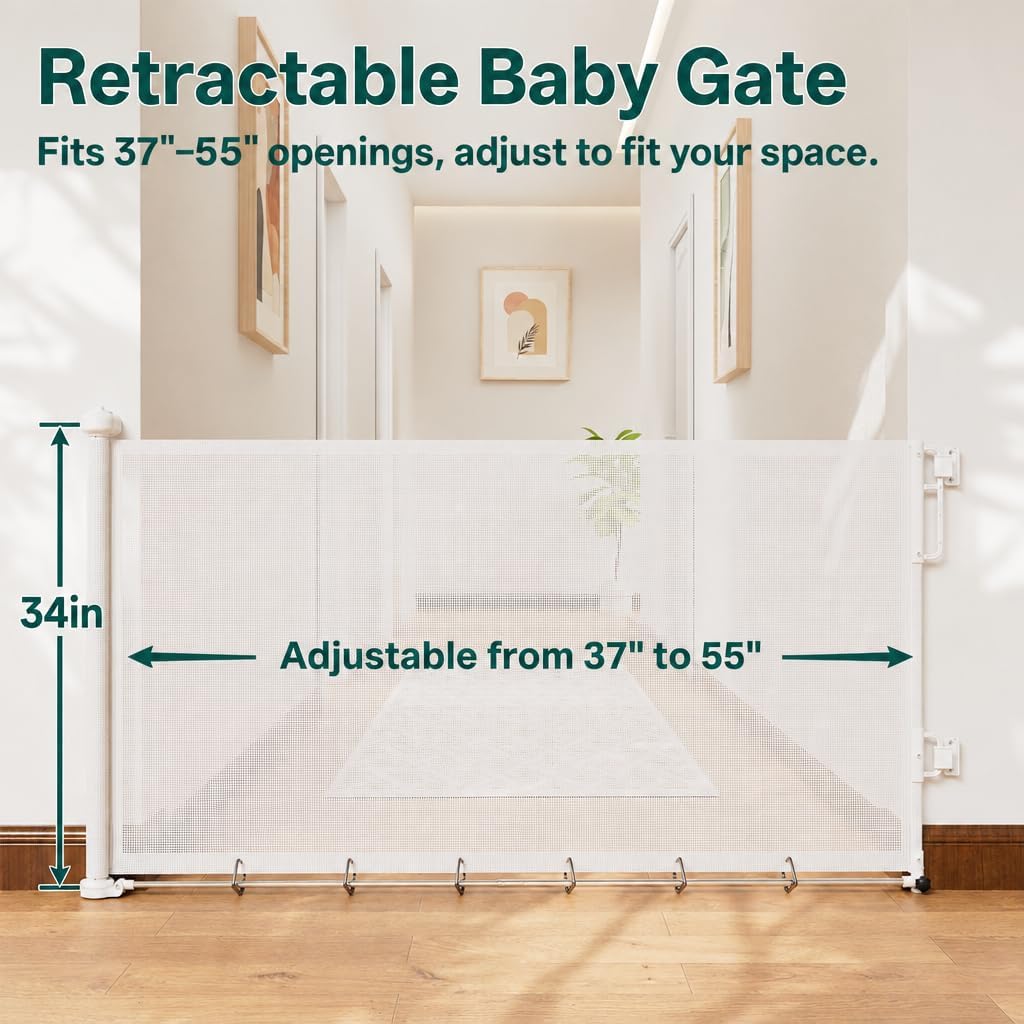 37-55" Retractable Baby Gates for Stairs & Doorways, White