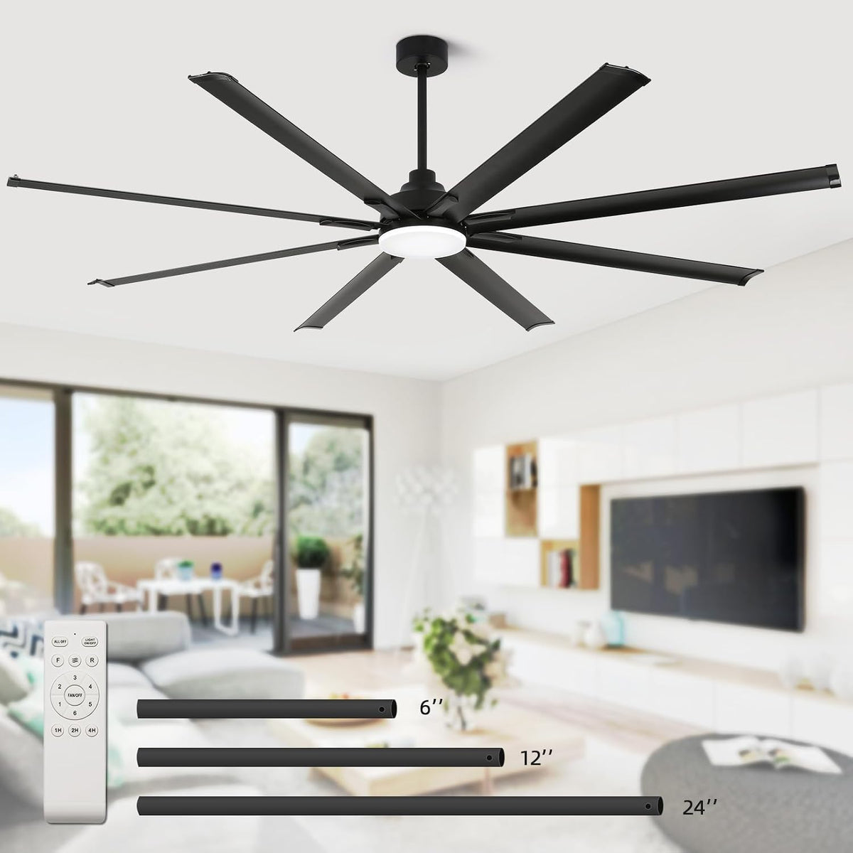 96 Inch Industrial Ceiling Fan with Light and Remote Control, Large Ceiling Fans with 8 Reversible Aluminum Blades