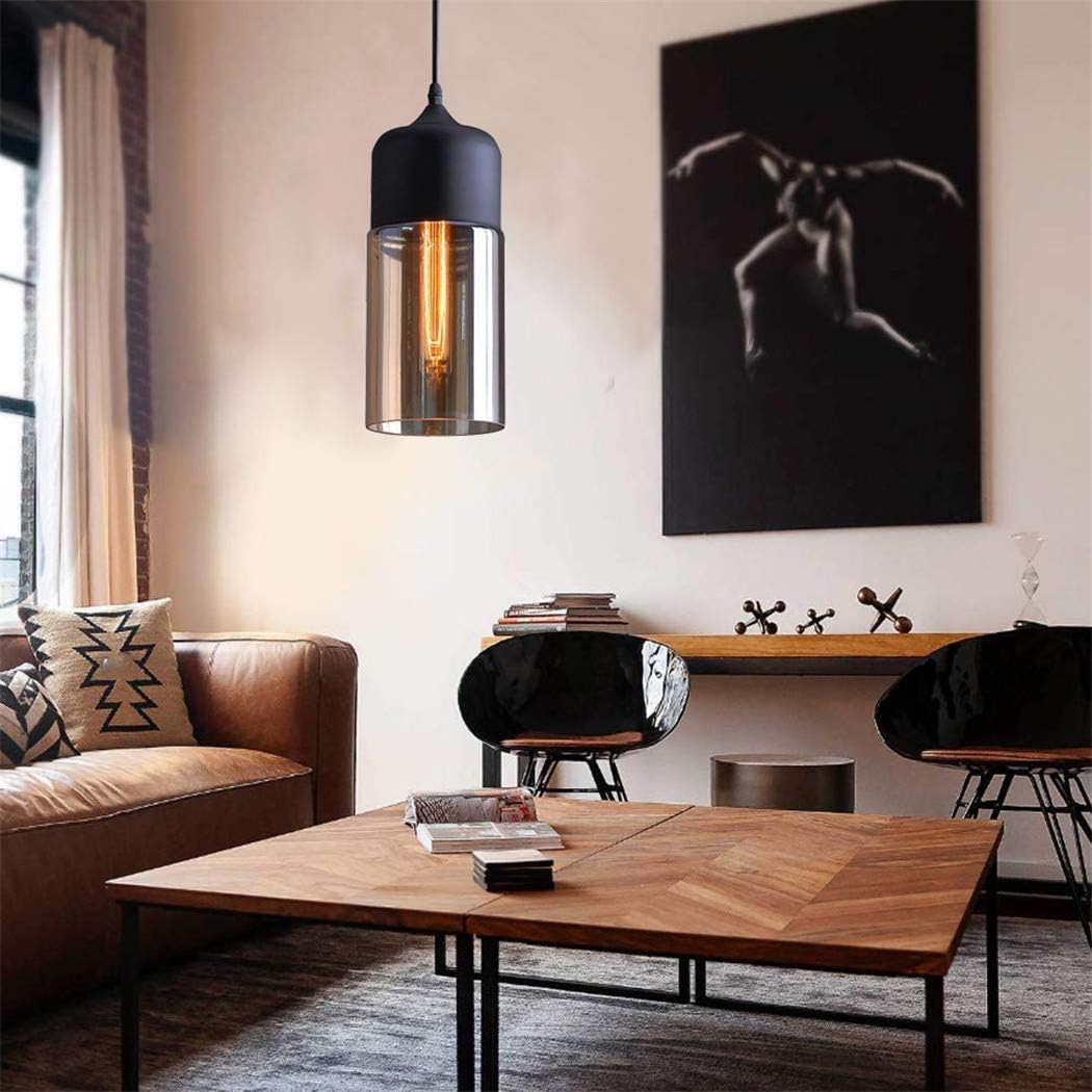Glass Pendant Light, Black Modern Hanging Lamp with Amber Cylinder Shade NaaNN