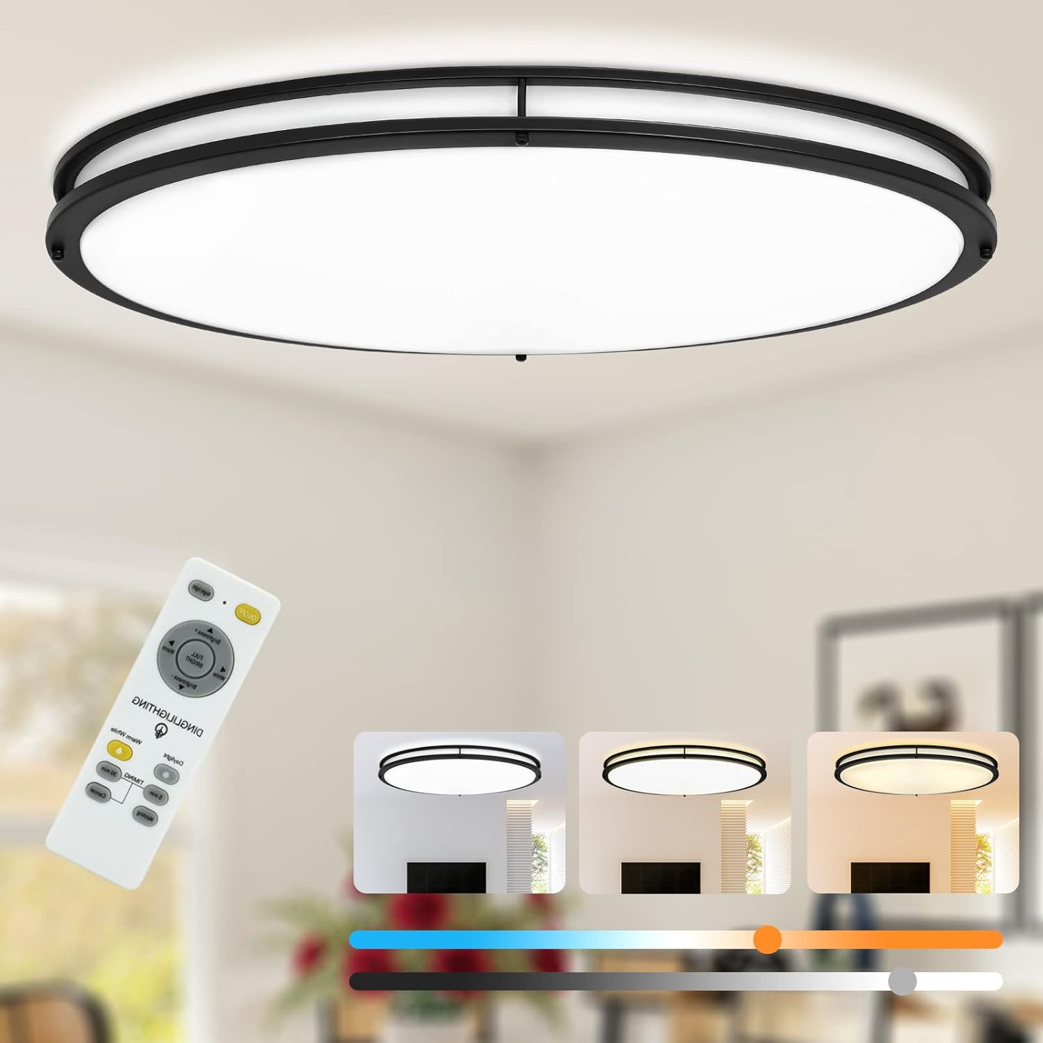 DLLT 65W Dimmable LED Flush Mount Ceiling Light with Remote, 32" Oval Black Dllt