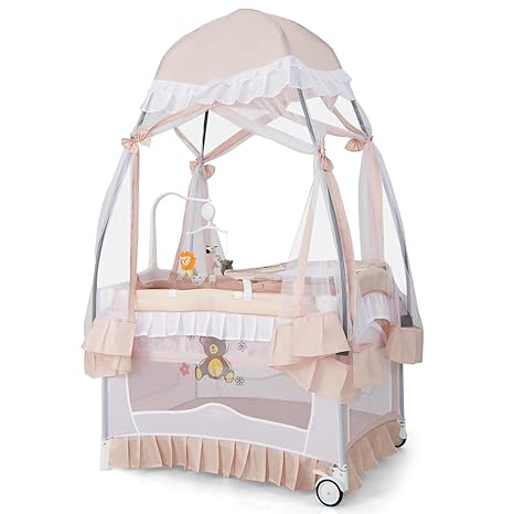 4-in-1 Pack and Play with Canopy, Portable Baby Playard w/Changing Table