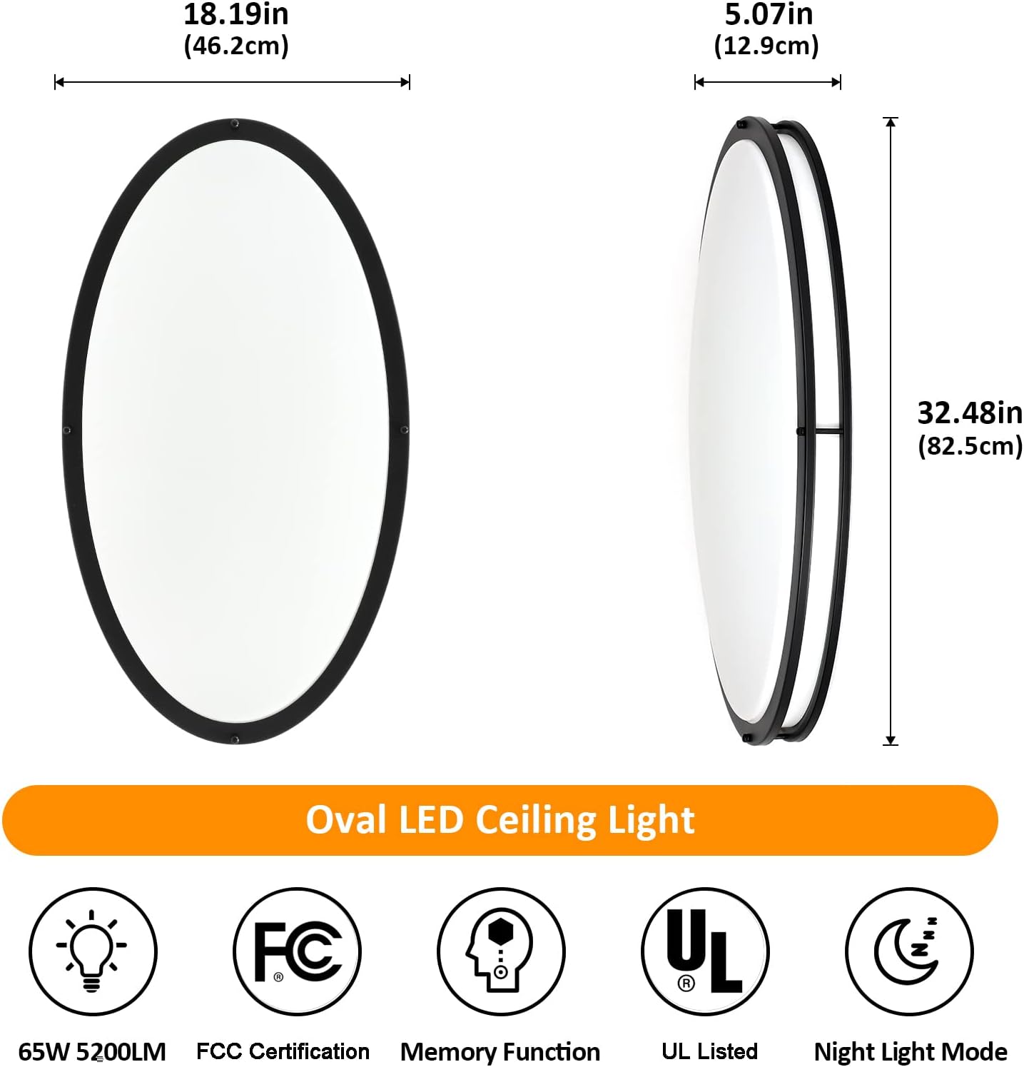 DLLT 65W Dimmable LED Flush Mount Ceiling Light with Remote, 32" Oval Black Dllt