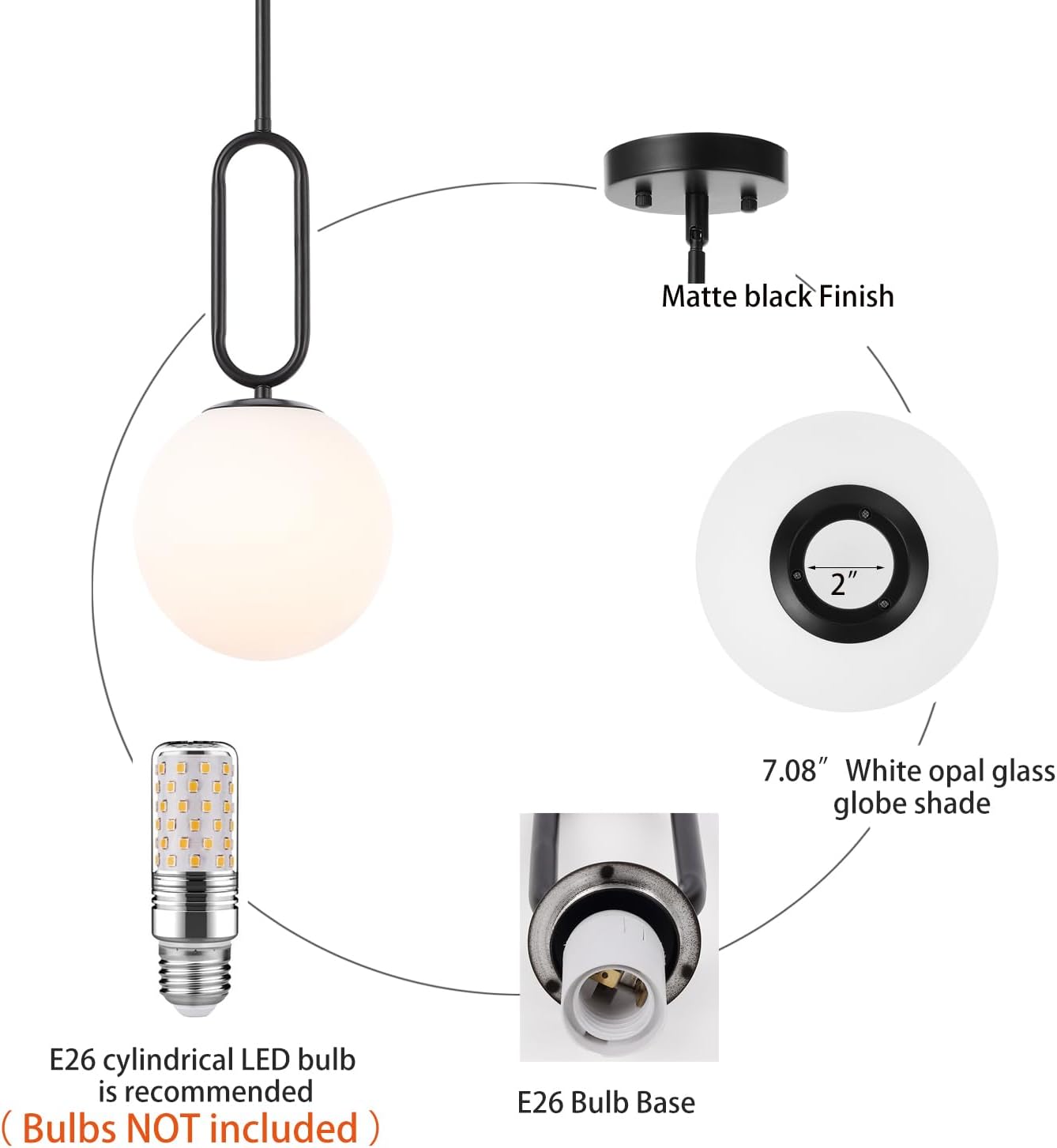 Modern Black Globe Pendant Light Milky White Globe Glass Shade 2 Pack Adjustable Baoden
