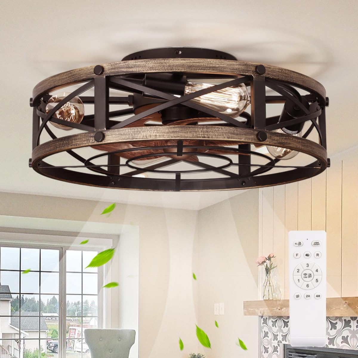 19 " Caged Ceiling Fan with Light and Remote, Farmhouse Fandelier