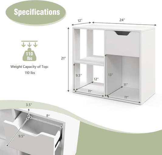 3 Cube Bookcase with Drawer, 2 Tier Bookshelf for Small Space, Modern Freestanding Display Rack