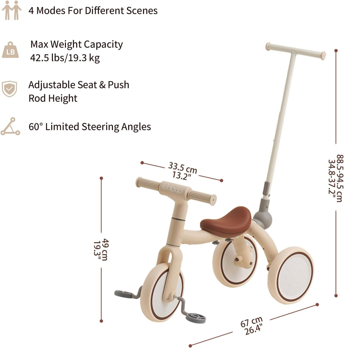4-in-1 Toddler Tricycle with Adjustable Push Handle for 1-4 Year Old