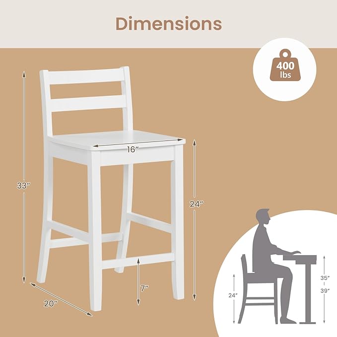 Wooden Bar Stools Set of 2, 24-Inch Counter Height Stools with Ergonomic Backrest & Footrest