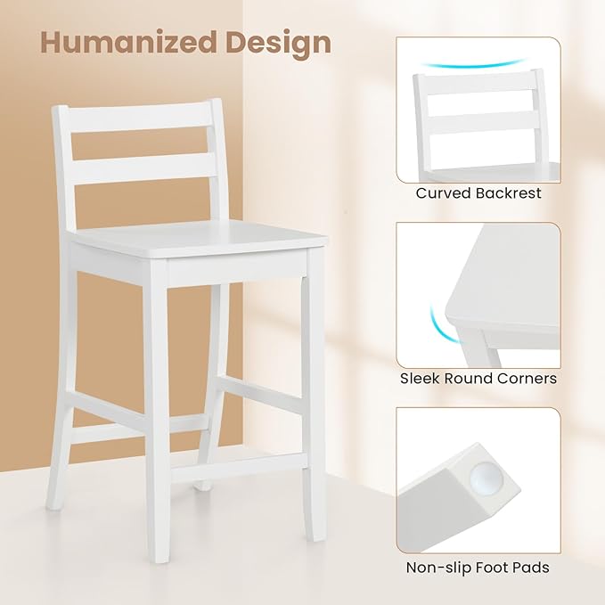 Wooden Bar Stools Set of 2, 24-Inch Counter Height Stools with Ergonomic Backrest & Footrest