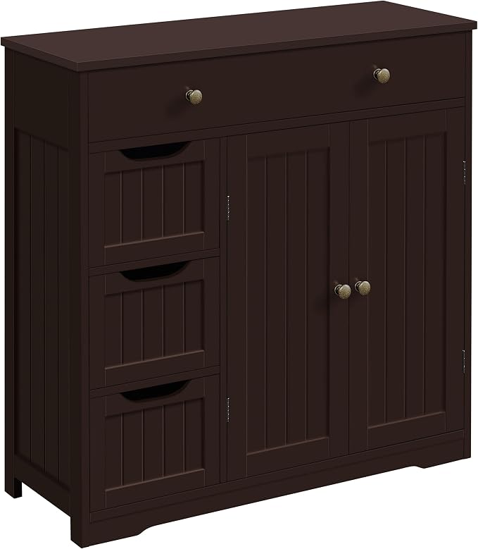 Bathroom Floor Cabinet, Large Storage Space Wooden Organizer with 1 Big Drawer, 3 Small Drawers & 2 Doors