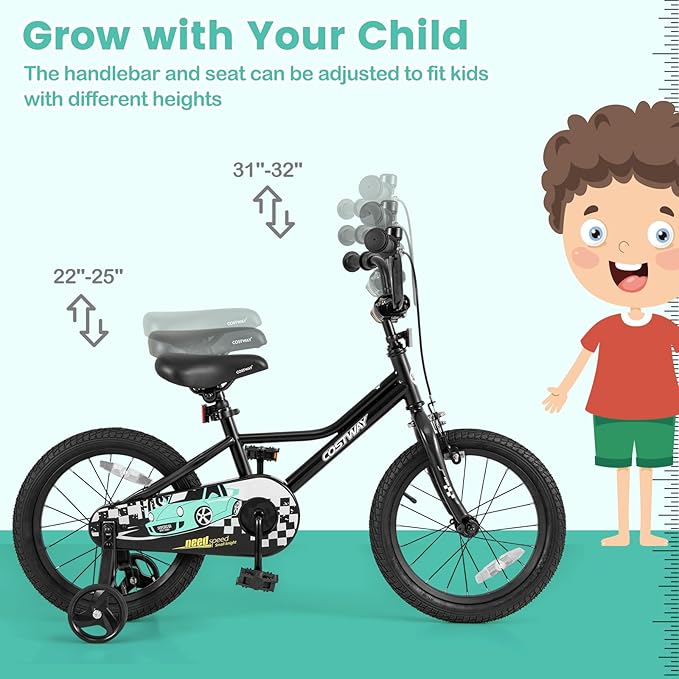 16 Inch Kids Bike, Boys & Girls Training Bike w/Removable Training Wheels, Pneumatic Tires, Adjustable Handlebar & Seat