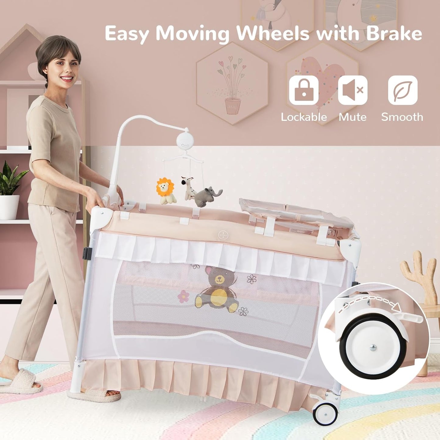 4-in-1 Pack and Play with Canopy, Portable Baby Playard w/Changing Table