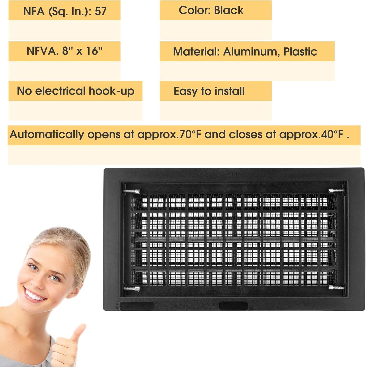 8" x 16" Automatic Foundation Vent for Ventilating Crawl Space Replacement Auto Air Vent, Black, 2 Pack Saiyugty