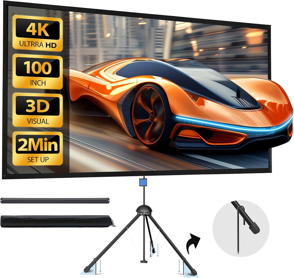 Portable Projector Screen with Stand, 100-inch 16:9 4K HD PVC Outdoor Indoor Movie Screen