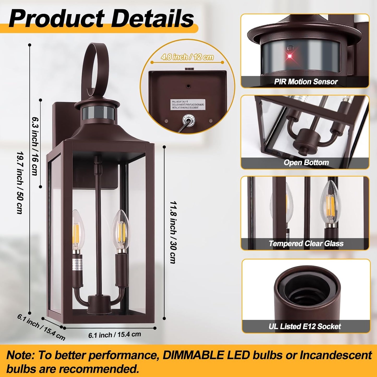 20" Oil Rubbed Bronze Motion Sensor Outdoor Light, Large Dusk to Dawn Yolsunes