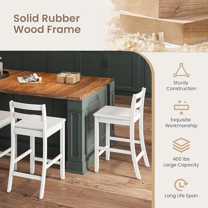 Wooden Bar Stools Set of 2, 24-Inch Counter Height Stools with Ergonomic Backrest & Footrest
