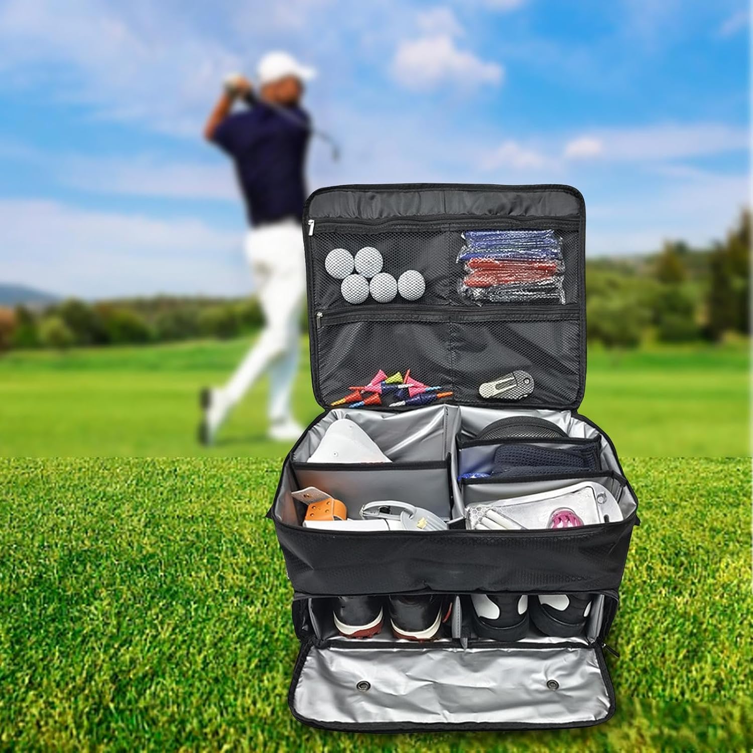 Golf Trunk Organizer Locker Bag Portable Zipper 2 Layer Golf Storage Bag Unbranded