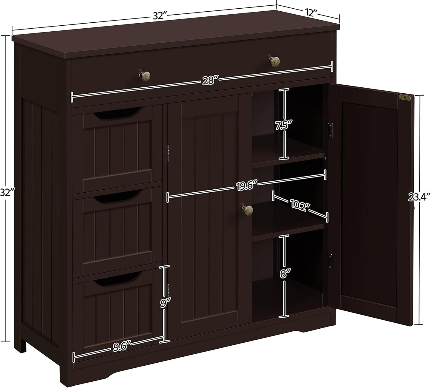 Bathroom Floor Cabinet, Large Storage Space Wooden Organizer with 1 Big Drawer, 3 Small Drawers & 2 Doors
