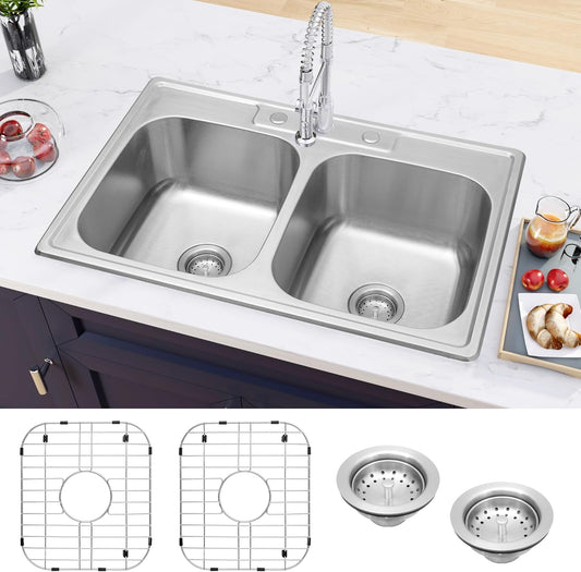 MILOSEN Double Bowl Kitchen Sink 33 x 22 x 9 Inch, Drop in Milosen