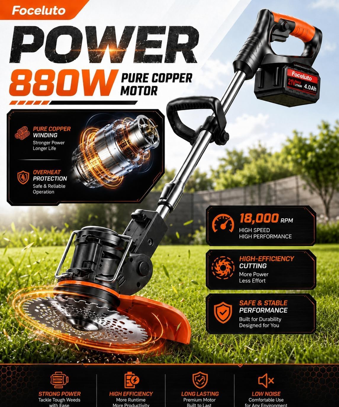 Used - Electric Weed Wacker, 21V Battery Powered Weed Eater with Wheels
