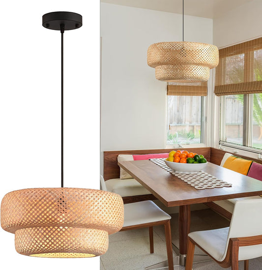 Bamboo Lights Fixtures 14.2in Rattan Pendant Light Kitchen Island 2-Tier Wicker Hanging Light Hualuosi