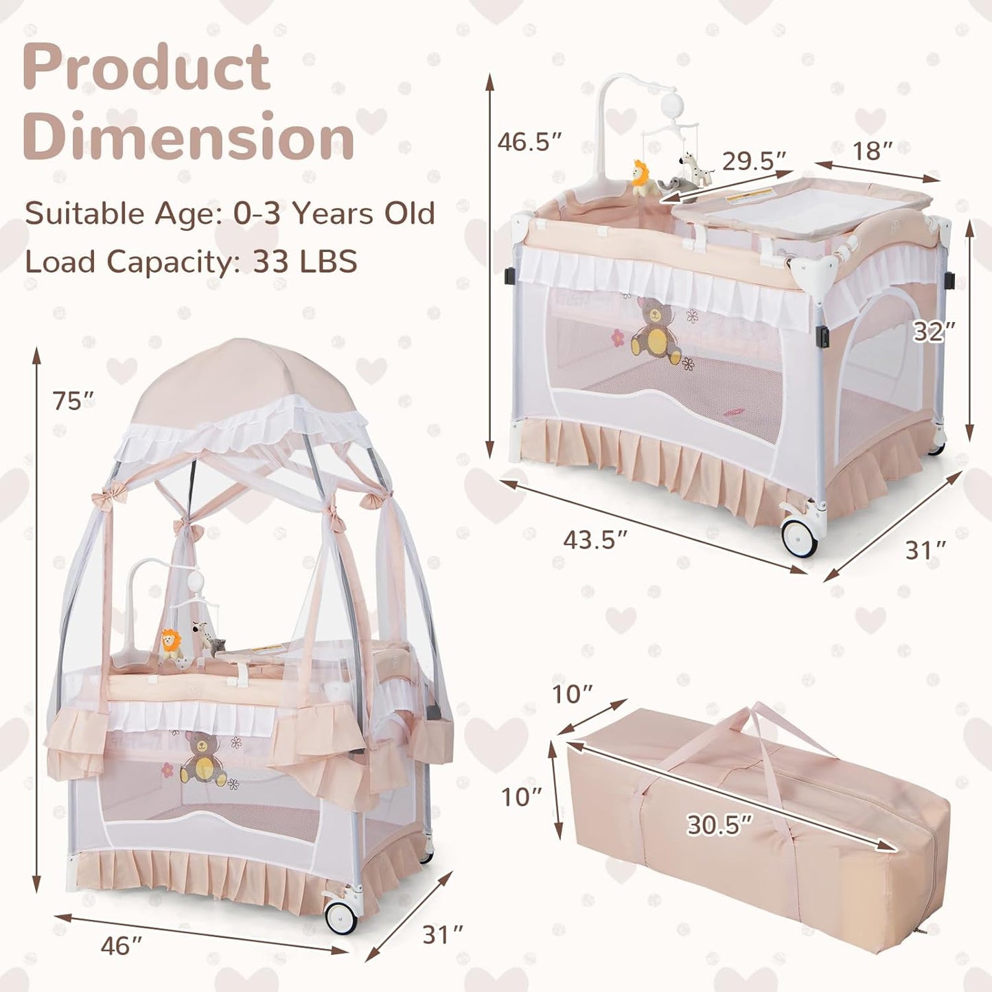 4-in-1 Pack and Play with Canopy, Portable Baby Playard w/Changing Table