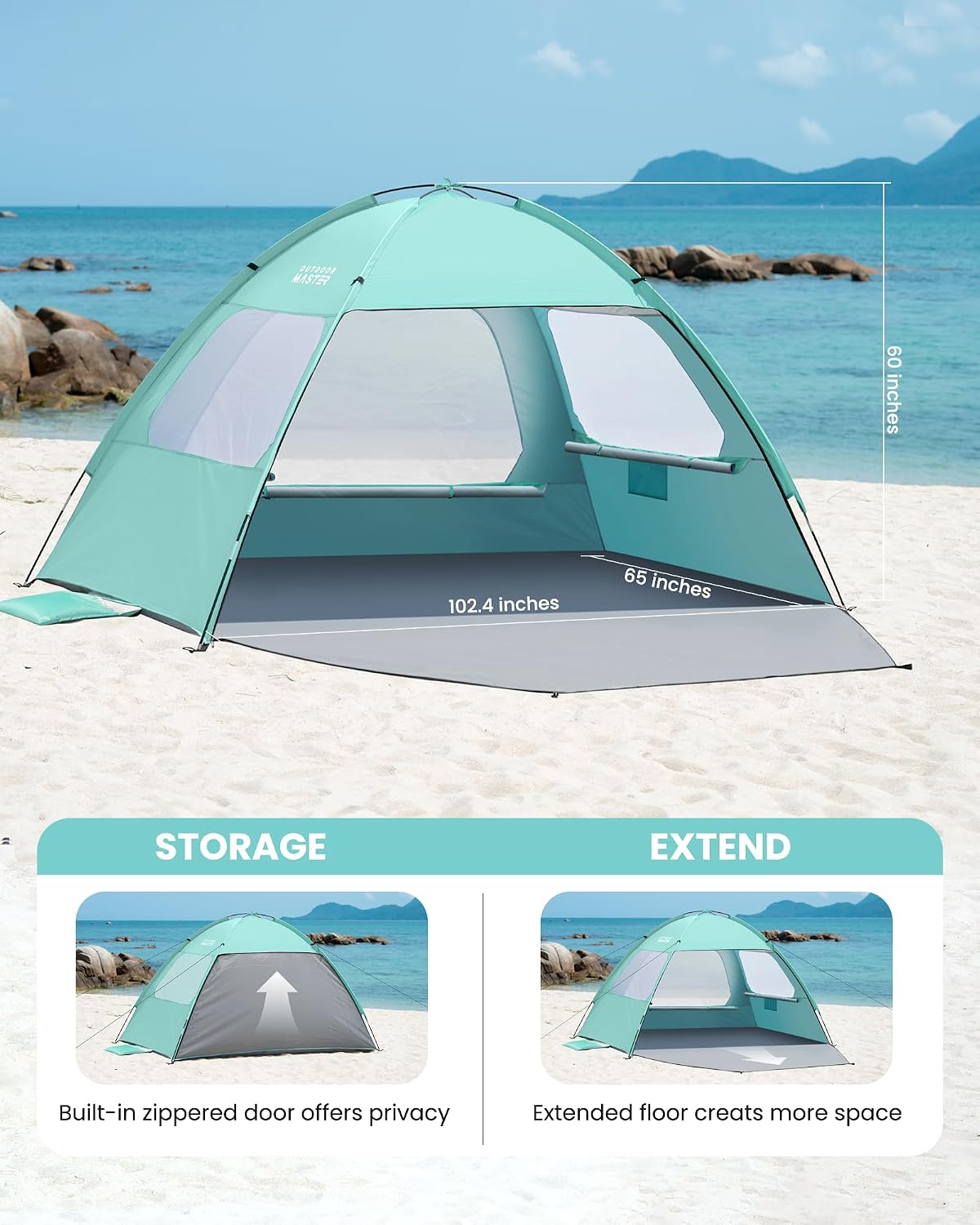 Beach Tent for 4 Person, Portable Sun Shade Shelter | 3 Large Mesh Windows