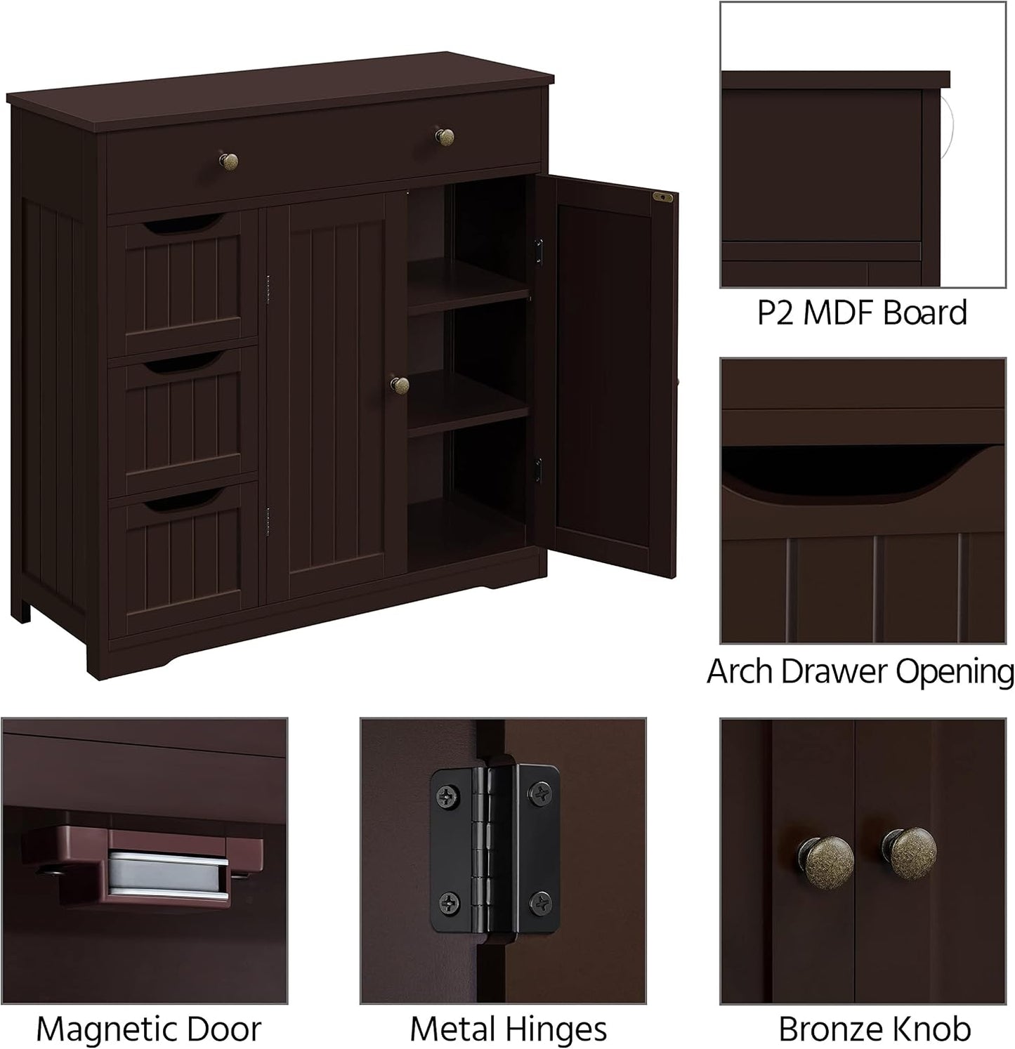 Bathroom Floor Cabinet, Large Storage Space Wooden Organizer with 1 Big Drawer, 3 Small Drawers & 2 Doors