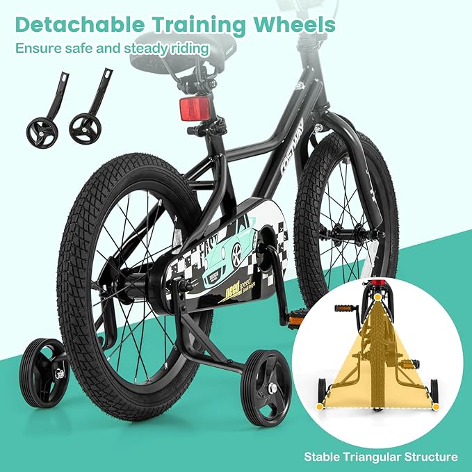 16 Inch Kids Bike, Boys & Girls Training Bike w/Removable Training Wheels, Pneumatic Tires, Adjustable Handlebar & Seat