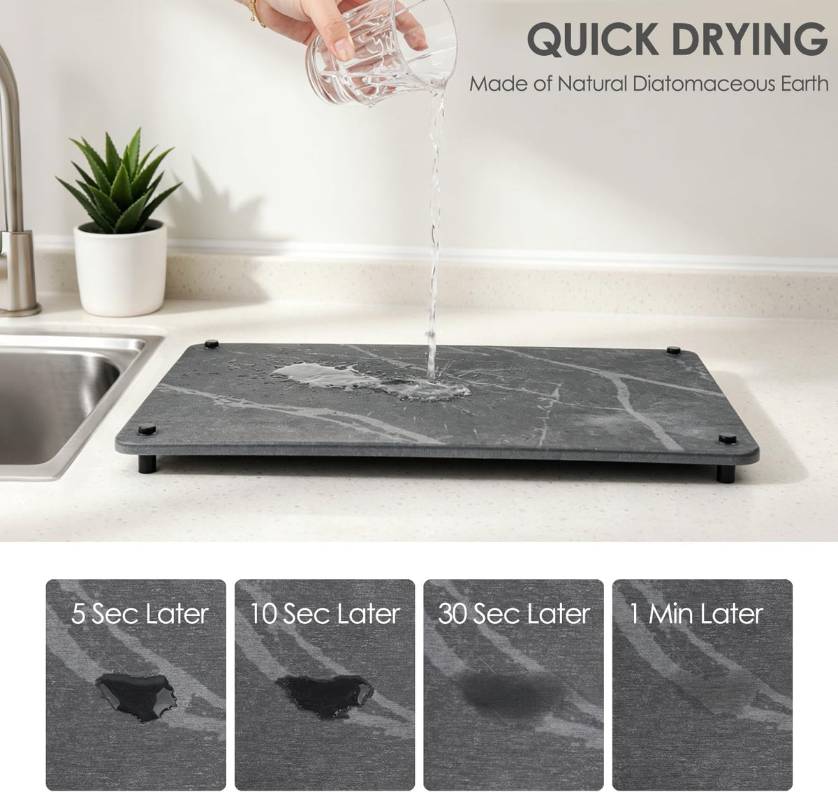 Kitchen Stone Dish Drying Mat for Counter Top, Elevated Fast Drying Non-Slip Stone Mat