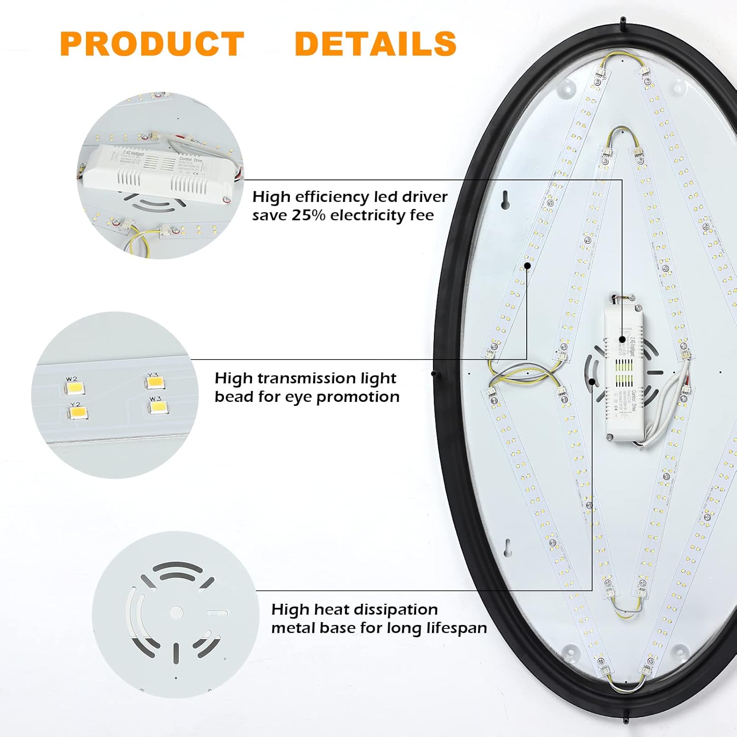 DLLT 65W Dimmable LED Flush Mount Ceiling Light with Remote, 32" Oval Black Dllt