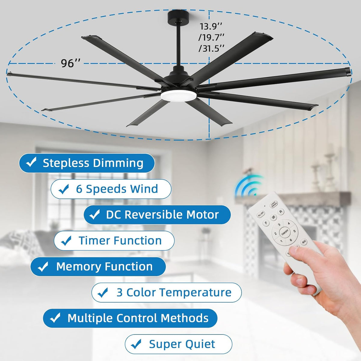 96 Inch Industrial Ceiling Fan with Light and Remote Control, Large Ceiling Fans with 8 Reversible Aluminum Blades
