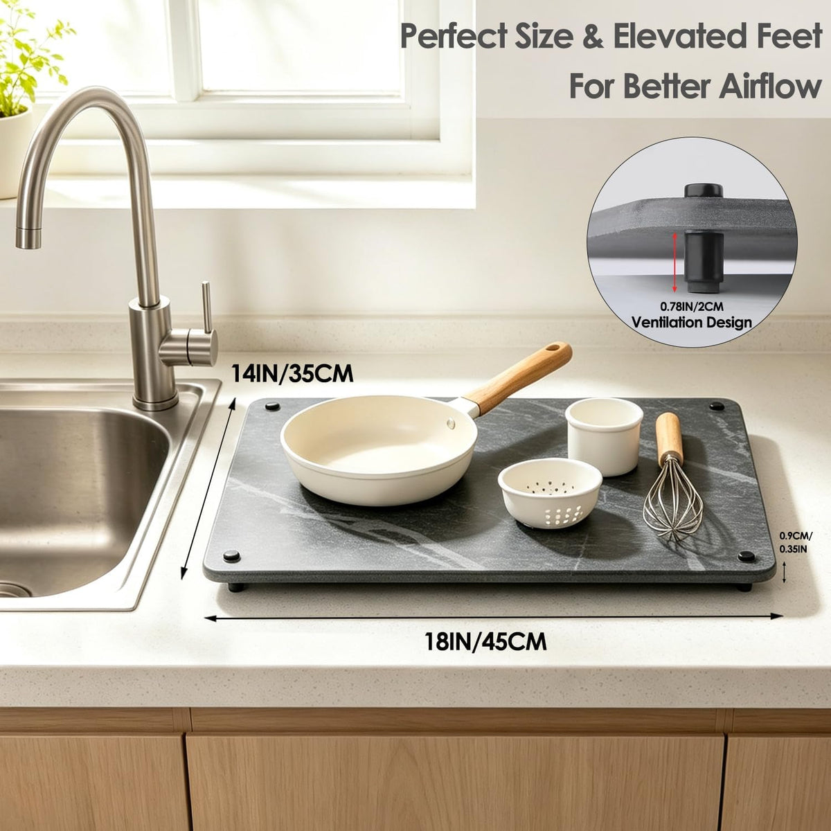 Kitchen Stone Dish Drying Mat for Counter Top, Elevated Fast Drying Non-Slip Stone Mat
