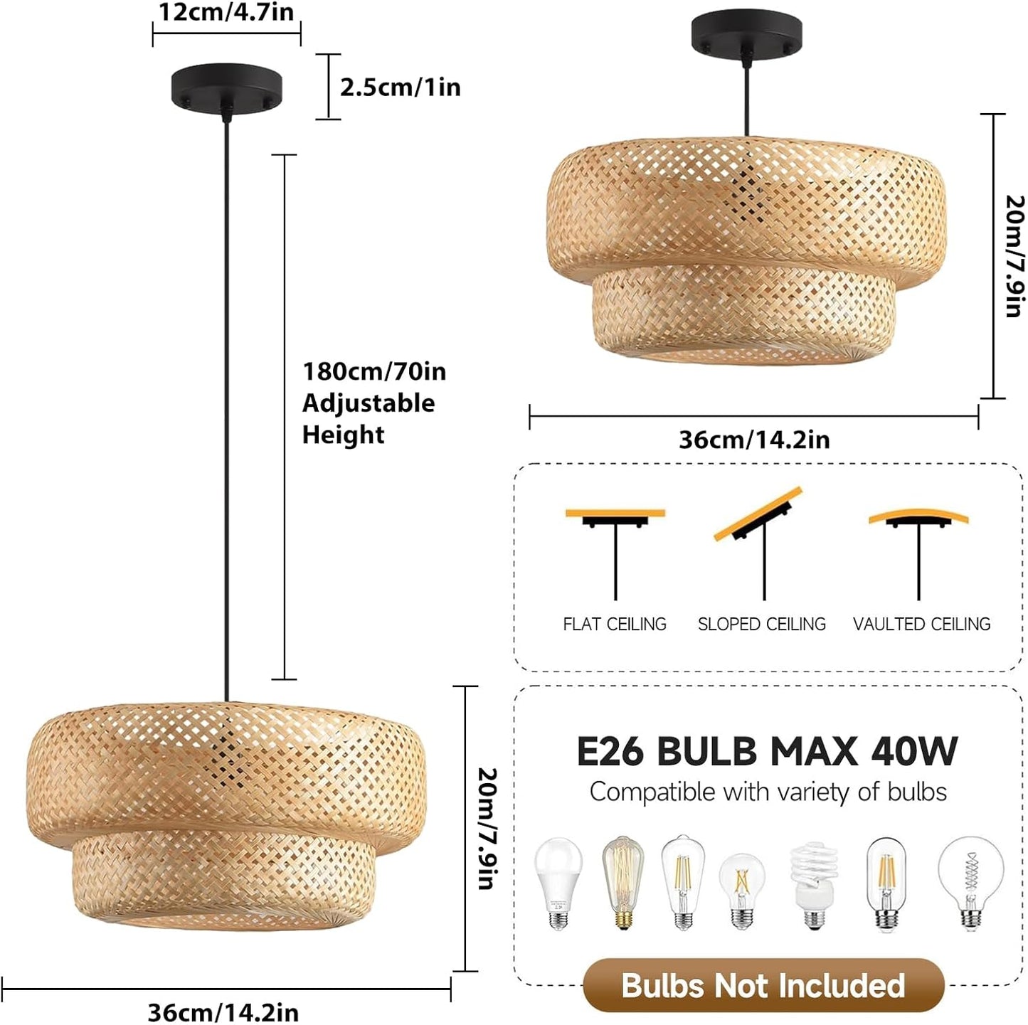 Bamboo Lights Fixtures 14.2in Rattan Pendant Light Kitchen Island 2-Tier Wicker Hanging Light Hualuosi