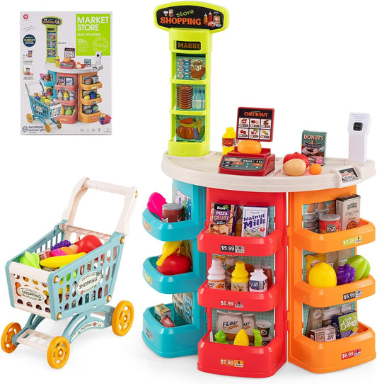 HONEY JOY Kids Grocery Store Playset, 76 PCS Plastic Supermarket Play Store Stand with Shopping Cart & Basket Honey Joy