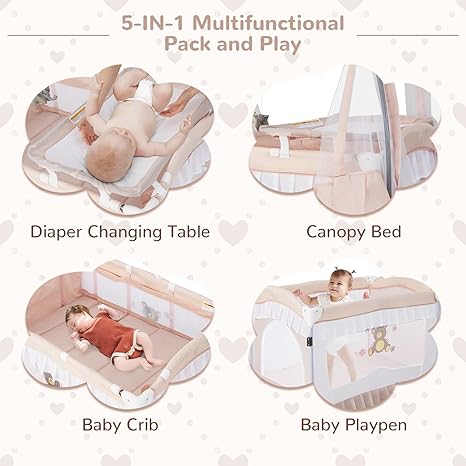 4-in-1 Pack and Play with Canopy, Portable Baby Playard w/Changing Table