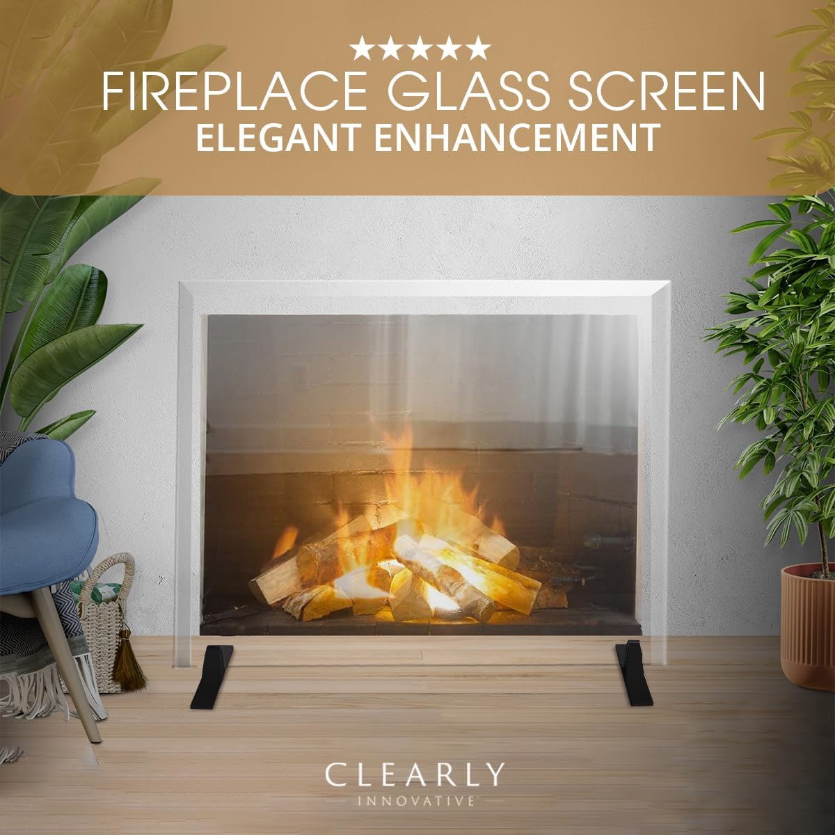 Premium Tempered Glass Fireplace Screen with Exclusive Beveled Edge | 29" H x 39" W Clearly Innovative
