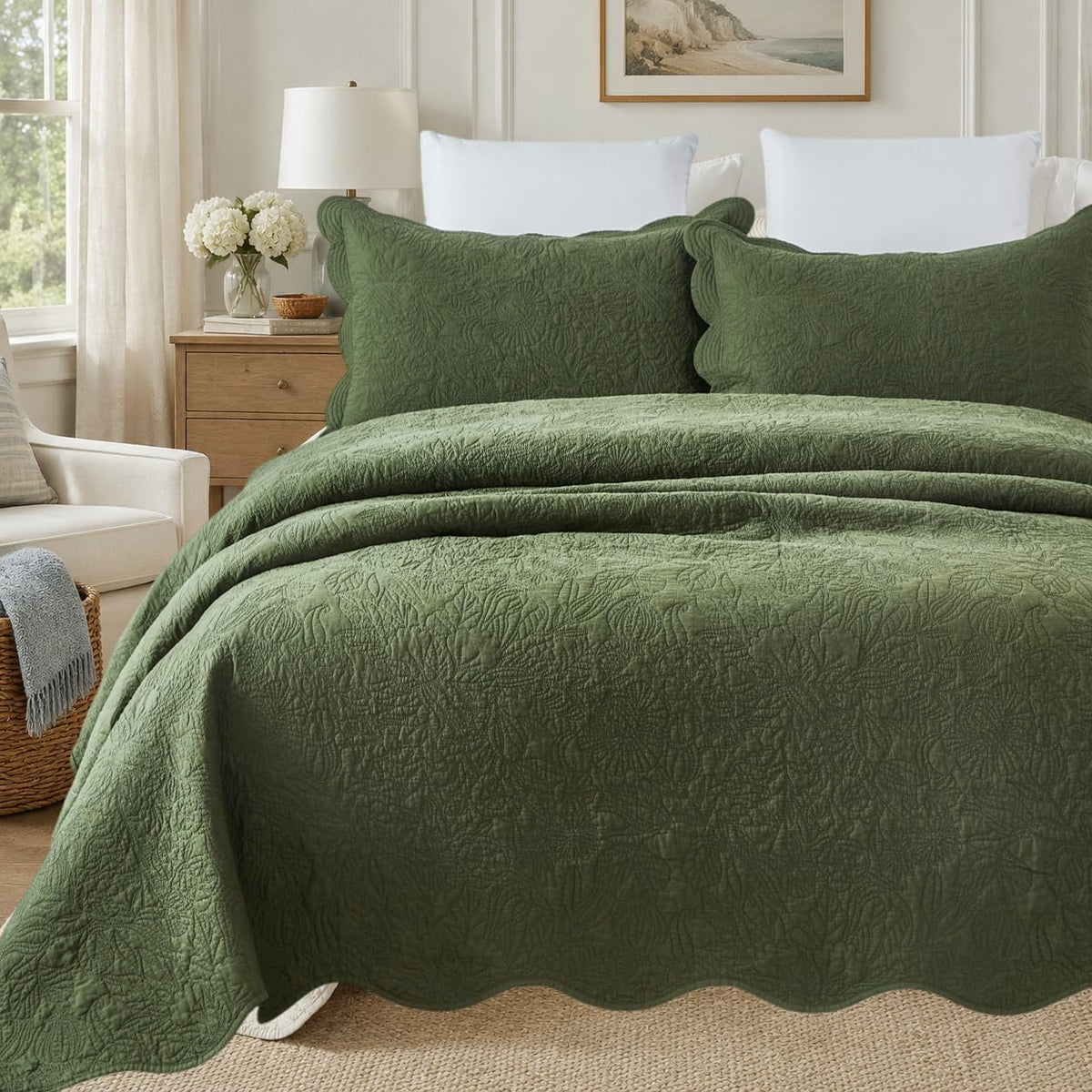 Olive Green Cotton Quilt Set King Scallop Matelasse Coverlet 3PC